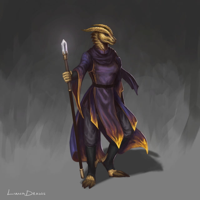 Liana Draws female dragonborn sorcerer (sorceress) DnD character drawing