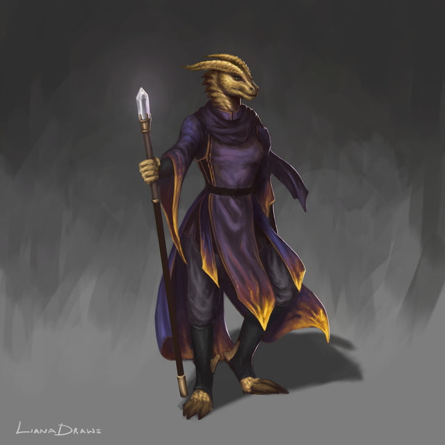 Liana Draws female dragonborn sorcerer (sorceress) DnD character drawing.