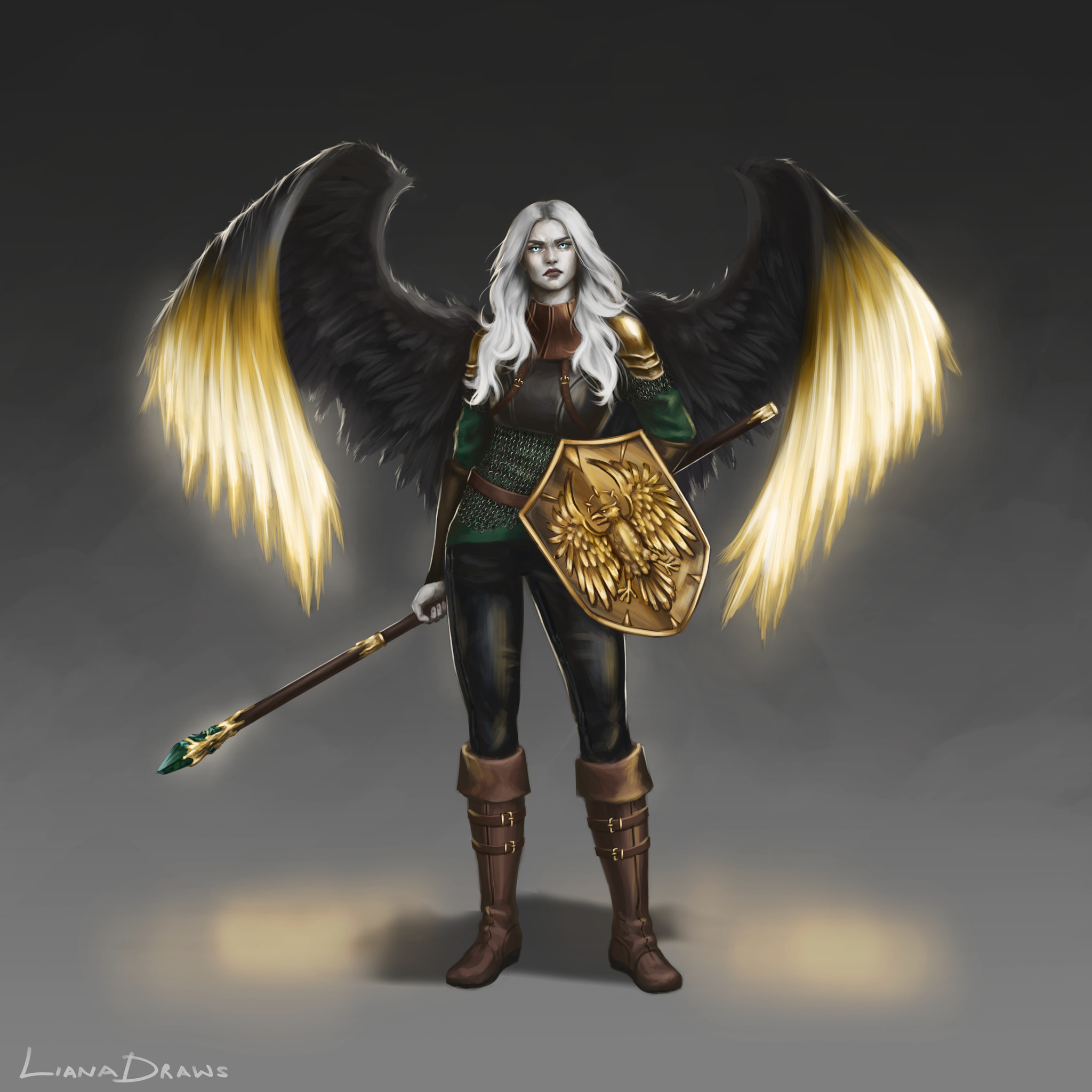 Liana Draws female aasimar sorceress with wings out DnD character illustrat...
