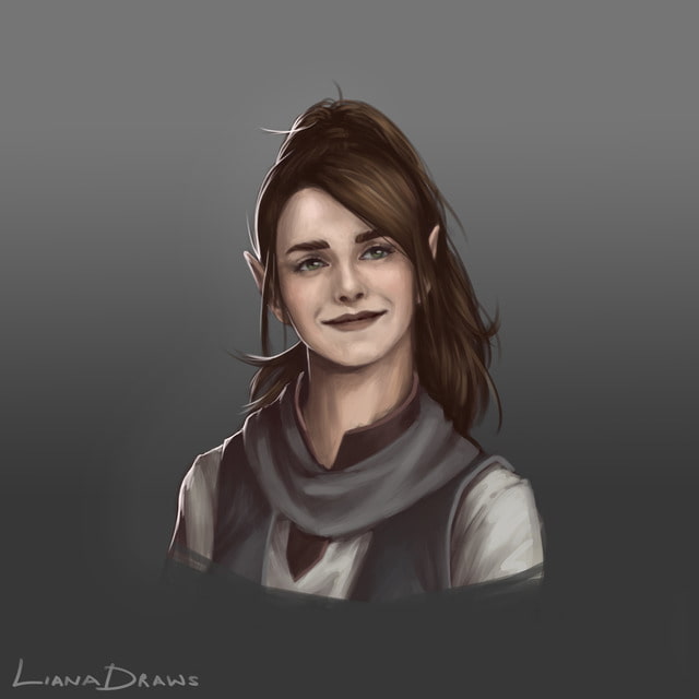 Liana Draws female changeling rogue turned half-elf (resembling Emma Watson) bust DnD character illustration