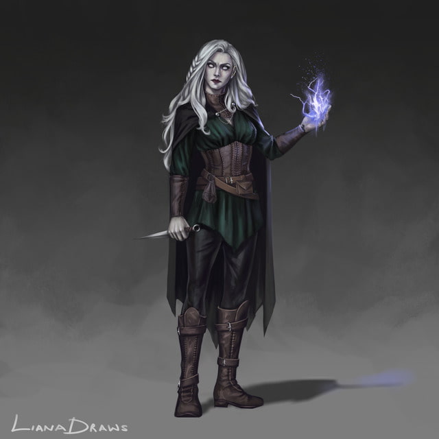 Liana Draws tall and slender female changeling sorcerer / rogue multi-class with white hair, skin, and eyes, wearing brown leather, green cloth, and a dark green tunic, holding a dagger and a lightning spell, with a fierce look on her face DnD character drawing