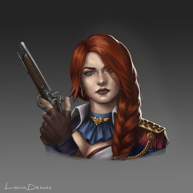 Liana Draws female human fighter holding flintlock pistol bust DnD character illustration