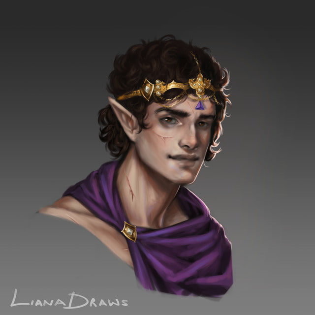 Liana Draws male elf barbarian with scars on cheek and neck wearing Headband of Intellect bust DnD character illustration