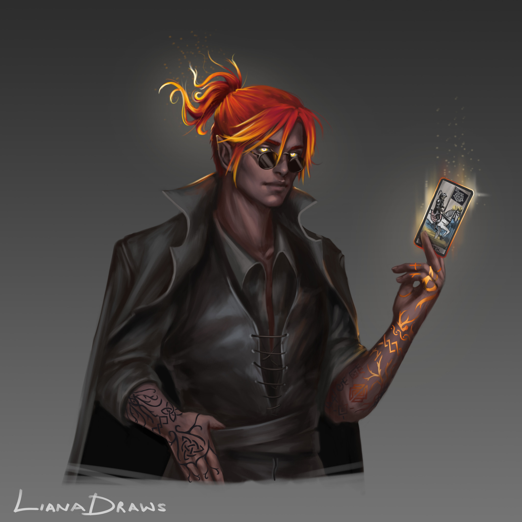 Liana Draws male fire genasi wizard with tattoos on his arms wearing black ...