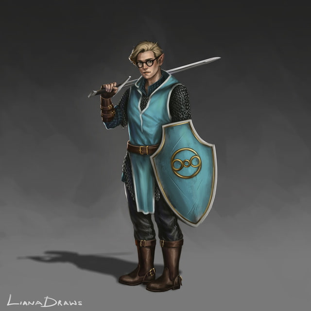 Liana Draws boyish male half-elf paladin equipped with turqoise tunic and shield with off-white accents wearing glasses and resting sword on shoulder DnD character drawing