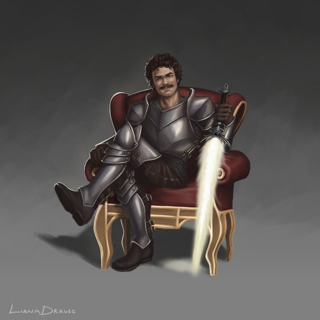 Liana Draws male human fighter sitting on throne DnD character illustration