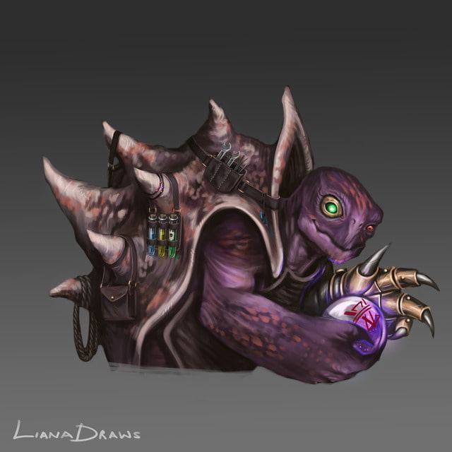 Liana Draws male tortle artificer waist up with green cyborg eye and cyborh hand holding a magical sphere with tools and potions on shell DnD character illustration