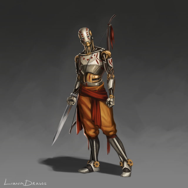 Liana Draws male warforged Way of Kensei monk DnD character illustration