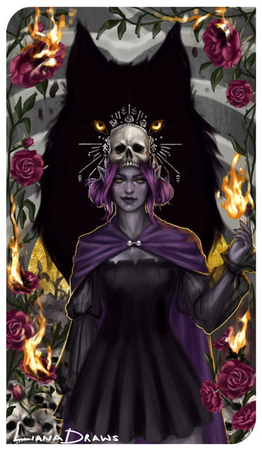 Liana Draws female half-elf drow sorcerer with goth meets e-girl aesthetics and shadow wolf behind her Dragon Age Inquisition-inspired tarot illustration