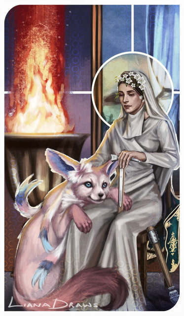 Liana Draws female human cleric sitting on a chair beside a golden fire urn with a quiver and bow case hanging from the chair, wearing a white dress (resembling religious ceremonial clothing) and holding a war hammer cane with a wooden handle and intricate club placed next to the chair, with a realistic small Sylveon (from Pokemon) resting on her knees Dragon Age Inquisition-inspired tarot illustration