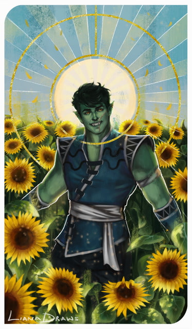 Liana Draws male half-orc cleric in sunflower field Dragon Age Inquisition-inspired tarot illustration