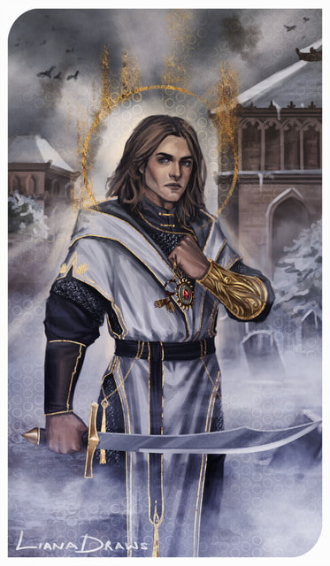 Liana Draws male kalashtar cleric with blue eyes, long blonde hair, and overall athletic look, wearing chain mail under white clerical clothing with black and golden accents, holding a scimitar with one hand and Holy Symbols of Revakind and Ilmater with the other hand Dragon Age Inquisition-inspired tarot illustration